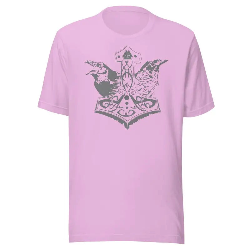 Pink T-shirt with Norse Thor’s hammer and ravens, perfect for stylish comfortable grey wear