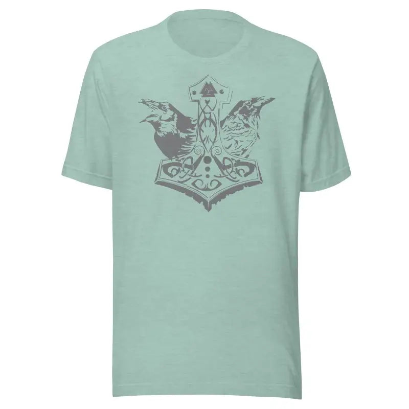 Mint green t-shirt with Norse design featuring Mjölnir & ravens in comfortable grey