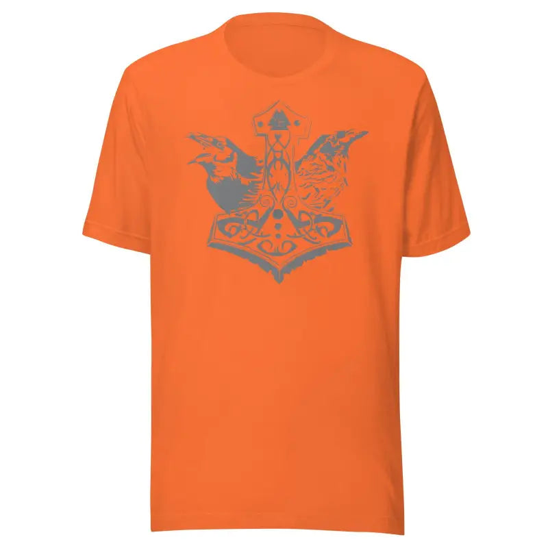 Orange t-shirt featuring a gray tribal design, embodying Grey Mjölnir & Ravens style