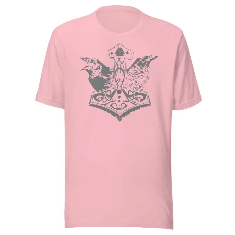 Pink T-shirt featuring comfortable grey Mjölnir & ravens design with Celtic knots