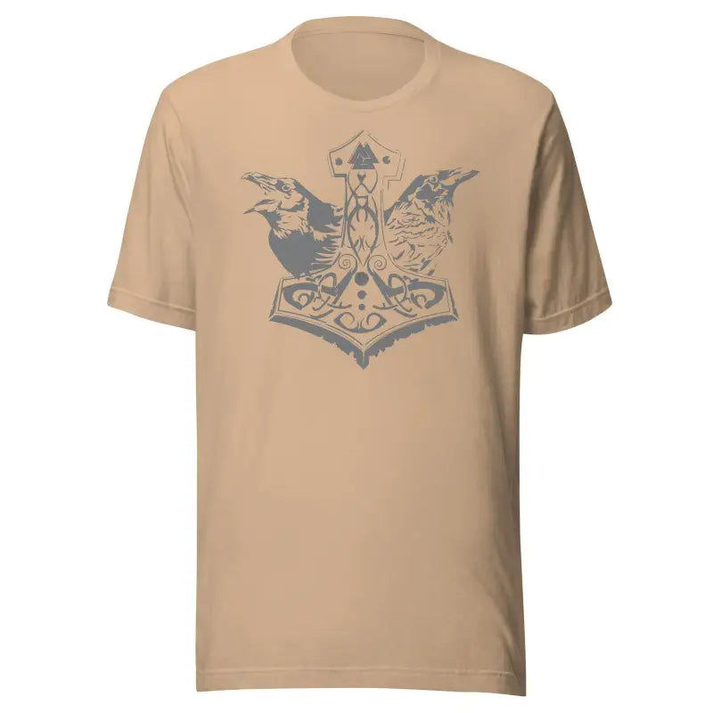 Beige t-shirt featuring a comfortable grey Mjölnir & ravens design in gray