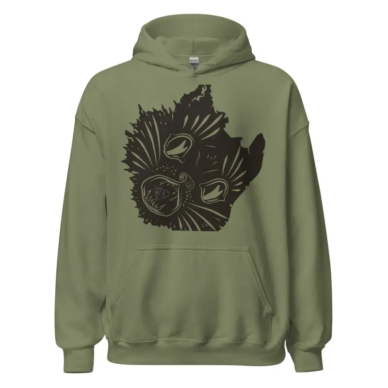 Olive green head unisex hoodie featuring a black owl face design for unique style