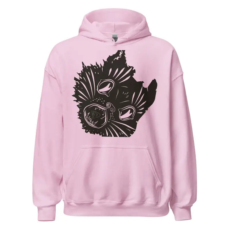 Pink head unisex hoodie featuring black celestial wolf design on front