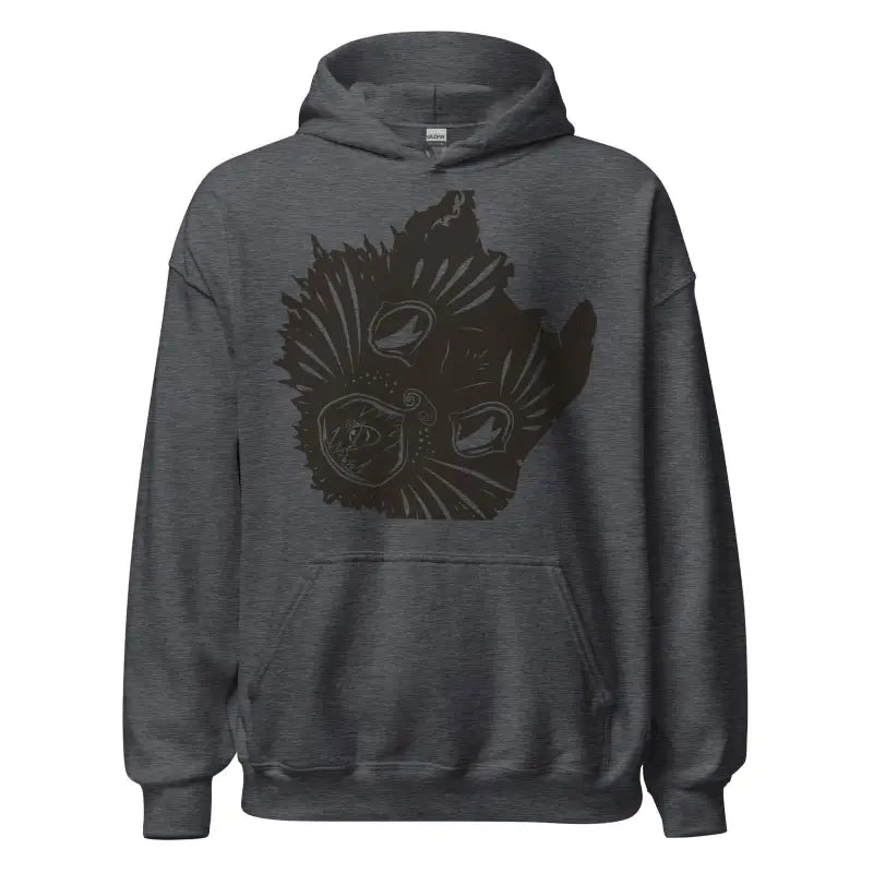 Dark gray kitty head unisex hoodie featuring a striking black owl design on the front