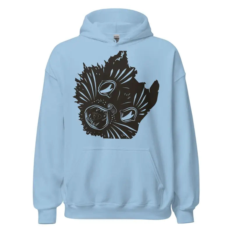 Light blue head unisex hoodie with black Wisconsin design and space-themed elements