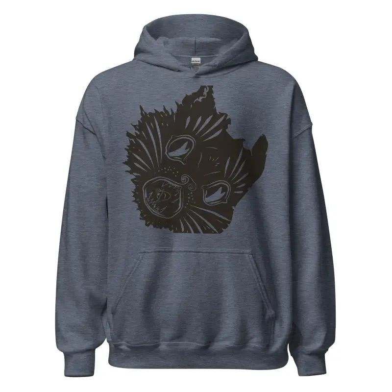 Grey hoodie sweatshirt featuring black tribal wolf design from Ethereal Evening Embrace Kitty Head Unisex collection