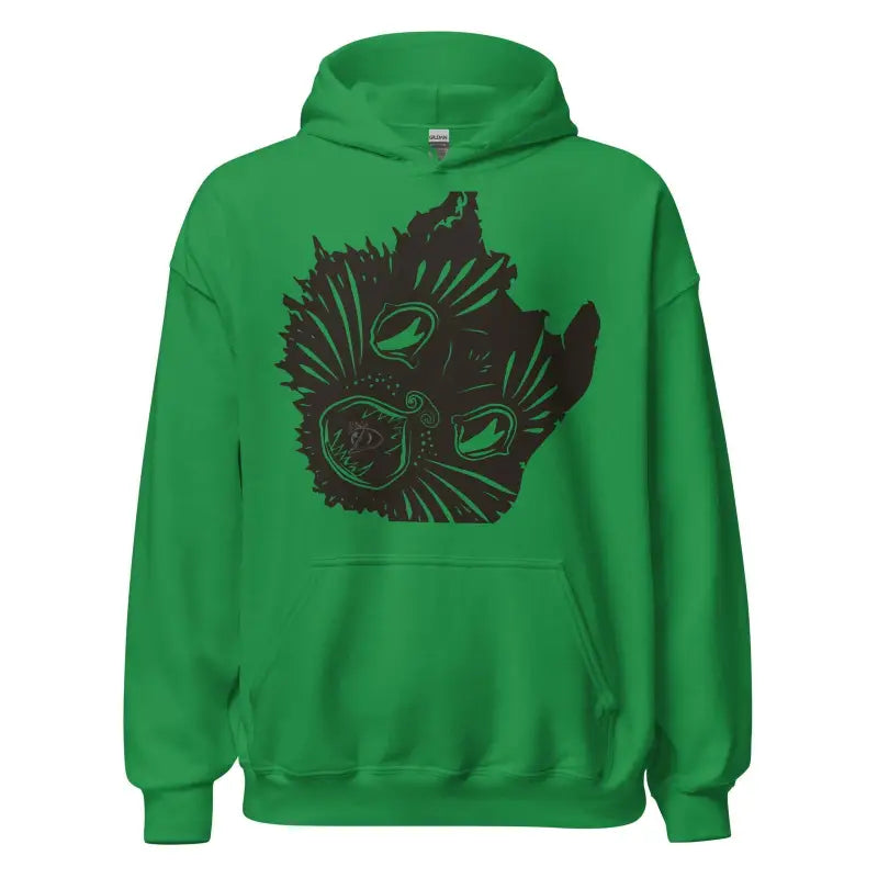 Green hoodie sweatshirt featuring black cat face design from Ethereal Evening Embrace head unisex