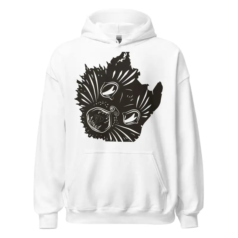 White hoodie sweatshirt with black cosmic design, perfect for Kitty Head Unisex style