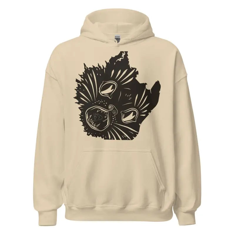 Beige Ethereal Evening Embrace Kitty Head Unisex Hoodie with cosmic graphic design