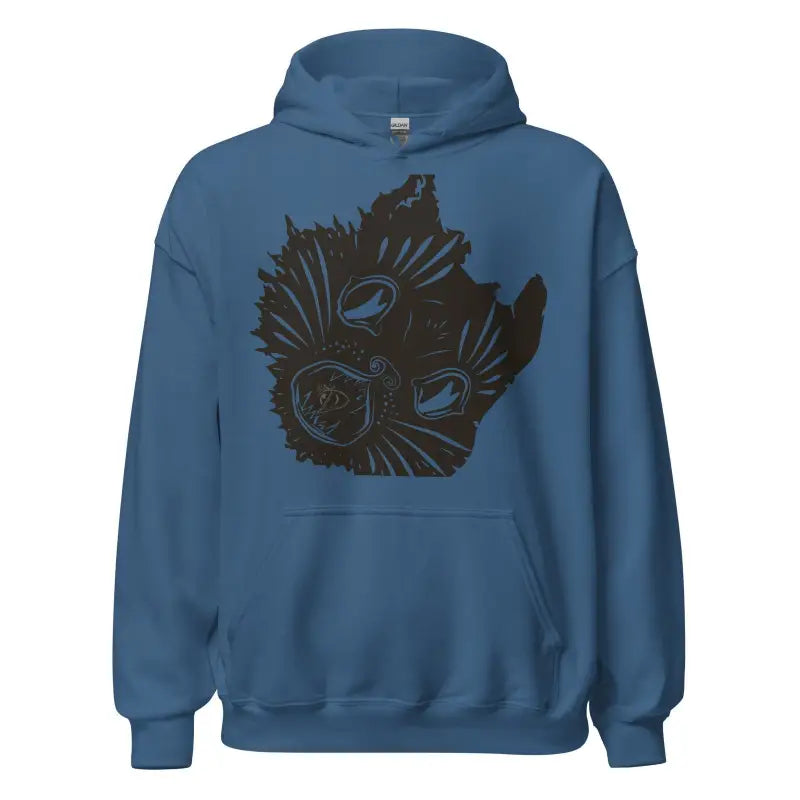 Blue hoodie sweatshirt featuring a black abstract owl design in a Kitty Head Unisex style