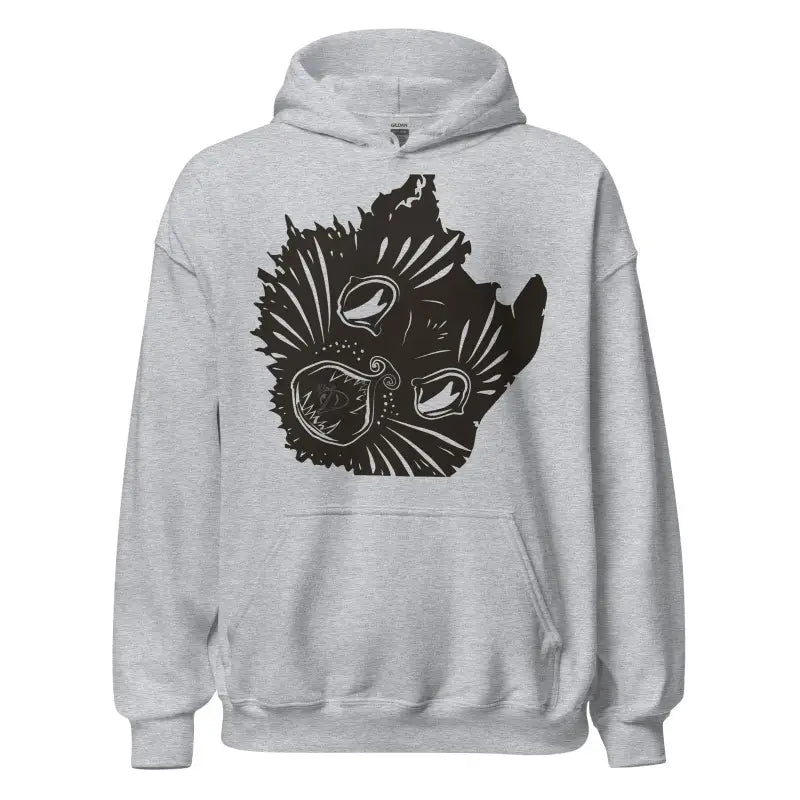 Light gray Kitty Head unisex hoodie with black abstract bird design on front