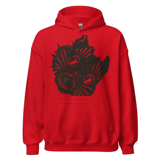 Red hoodie sweatshirt featuring black owl face design, perfect for Kitty Head Unisex Hoodie