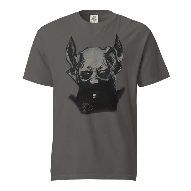 Grey unisex garment-dyed heavyweight t-shirt featuring a black and white dog face design