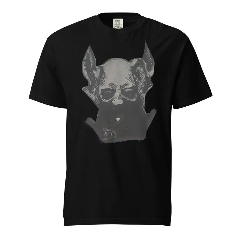 Black unisex garment-dyed heavyweight t-shirt featuring a grey horned creature graphic