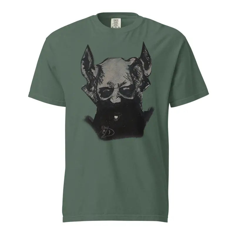 Green unisex garment-dyed heavyweight t-shirt featuring a black and gray dog head design