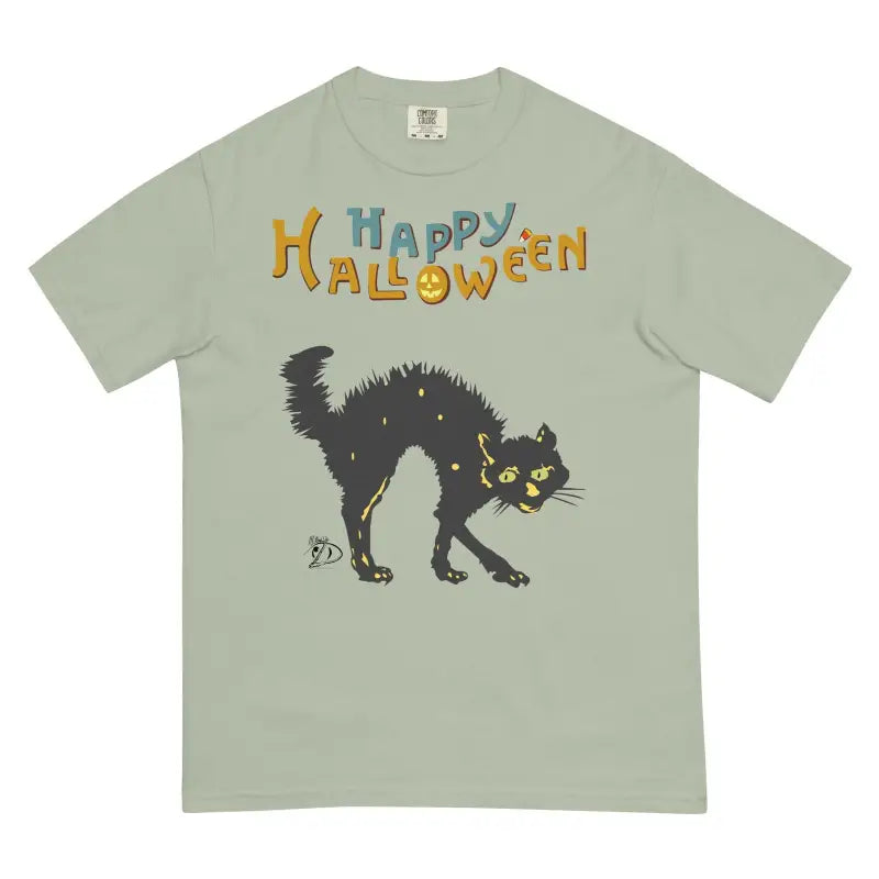 Light gray vintage unisex t-shirt with black spooky cat and Happy Halloween text design