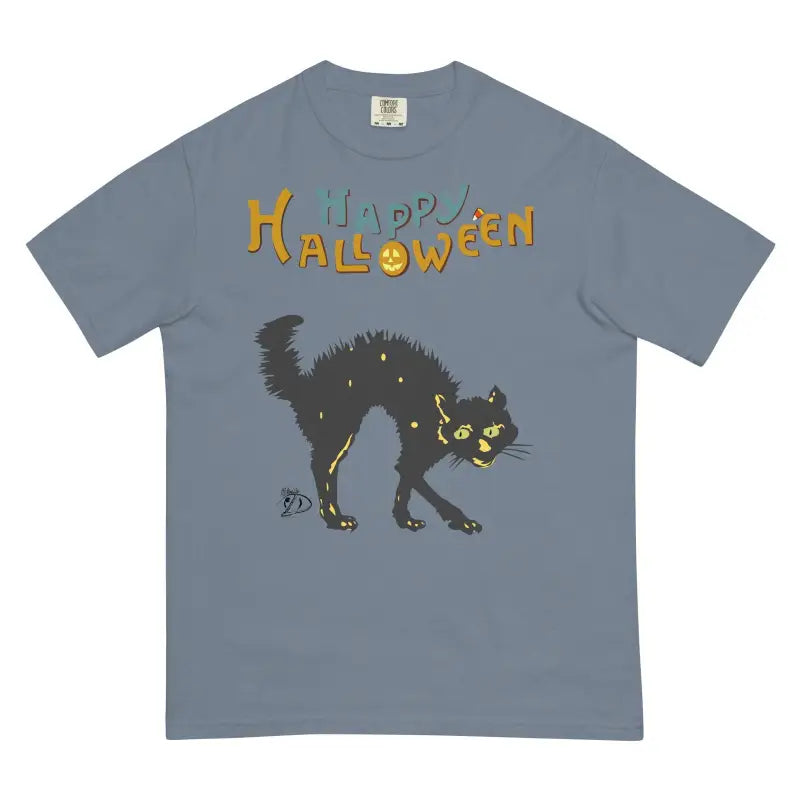 Grey t-shirt with spooky black cat design and Happy Halloween text for Scary Cat Halloween