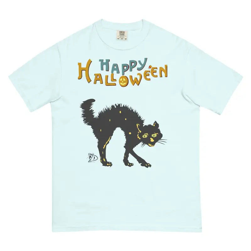 Light blue t-shirt with a scary cat and colorful Happy Halloween text for cat Halloween unisex