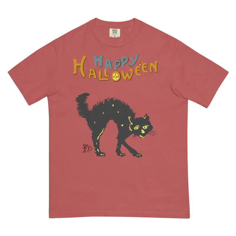 Red t-shirt with black cat design and colorful Happy Halloween text for Scary Cat Halloween