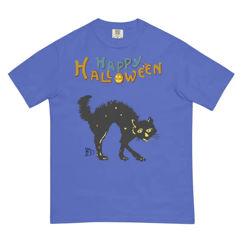 Blue unisex t-shirt featuring a spooky cat design and Happy Halloween text