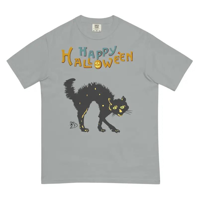 Grey t-shirt with a spooky cat design and Happy Halloween text, Halloween essential vintage unisex t-shirt