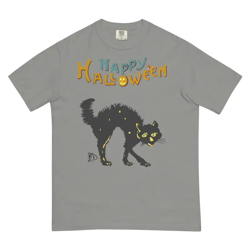 Grey t-shirt with black spooky cat design and colorful Happy Halloween text