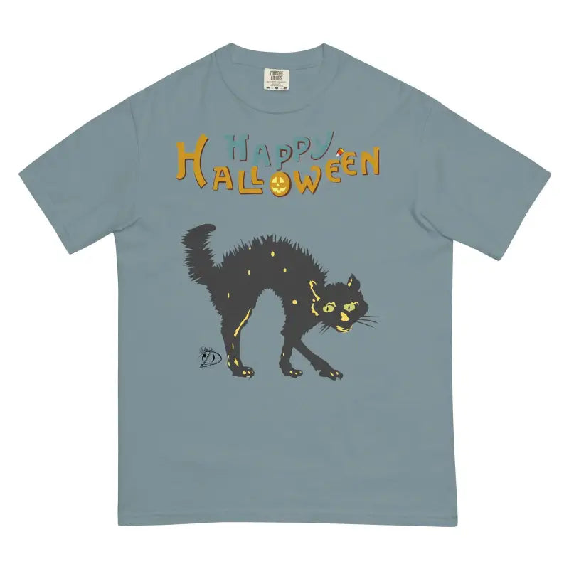 Blue-gray vintage unisex t-shirt featuring a spooky cat and Happy Halloween design