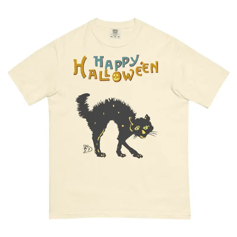 Cream-colored vintage unisex t-shirt with black spooky cat design for Happy Halloween