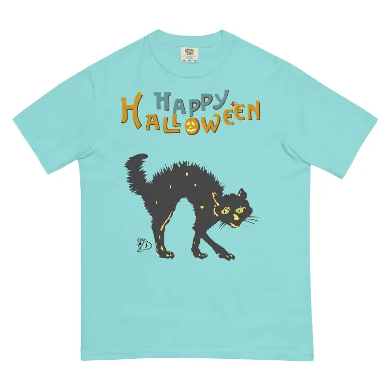 Mint green t-shirt with black cat design for Scary Cat Halloween celebration