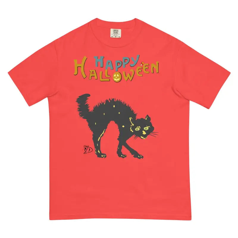 Red Halloween essential vintage unisex t-shirt featuring a spooky cat and Happy Halloween text