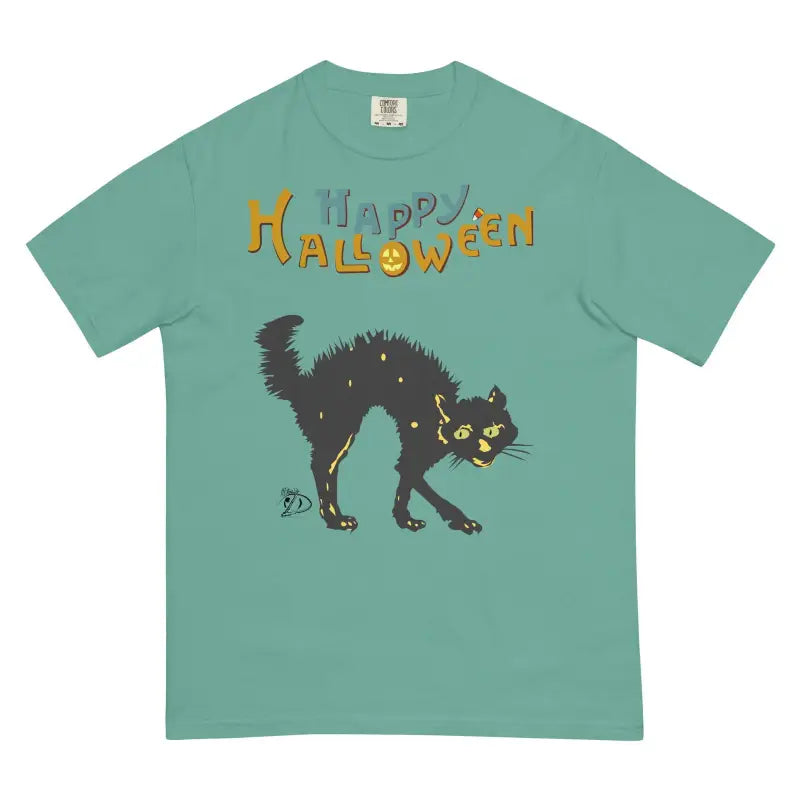 Mint green t-shirt with black spooky cat design and orange text for Halloween essentials