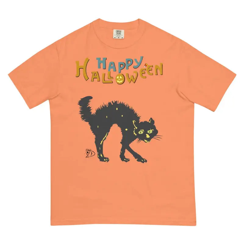 Orange T-shirt with black cat design and Happy Halloween text for Scary Cat Halloween