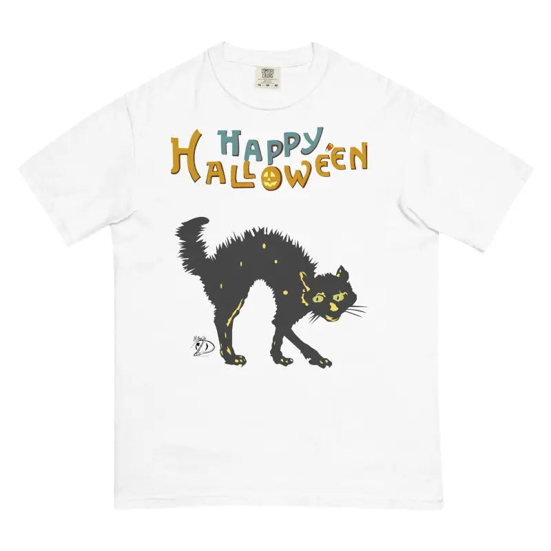 White t-shirt with black scary cat design and colorful Happy Halloween text for cat lovers