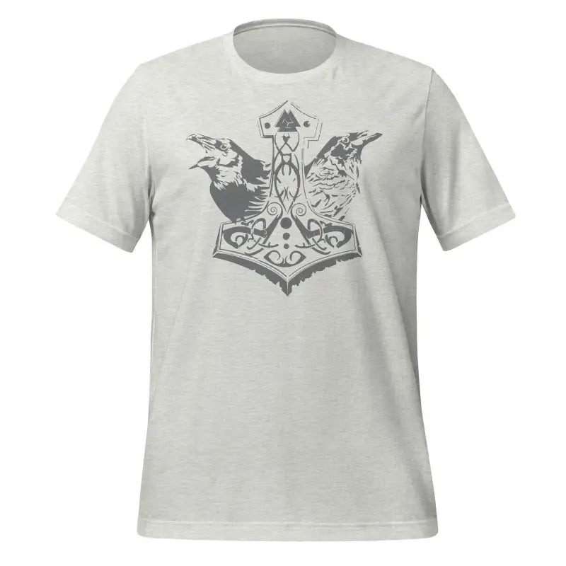 Light gray t-shirt featuring a Norse Thor’s hammer and ravens to embrace Viking legacy