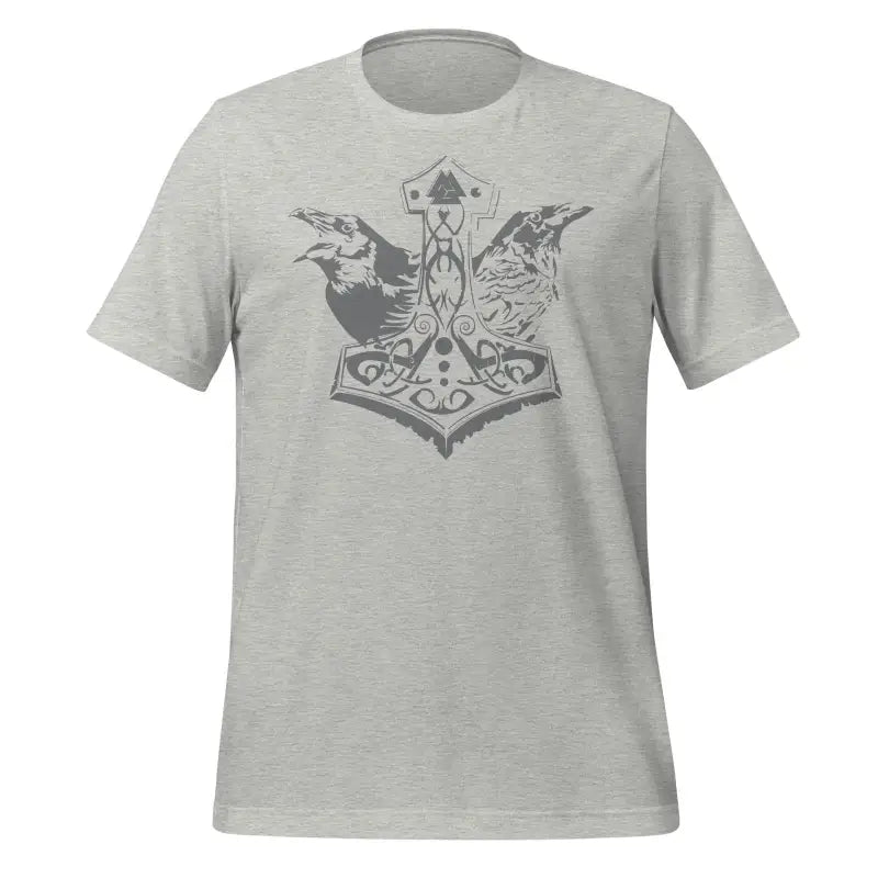 Grey T-shirt with Norse Thor’s hammer and ravens, embrace Viking legacy style