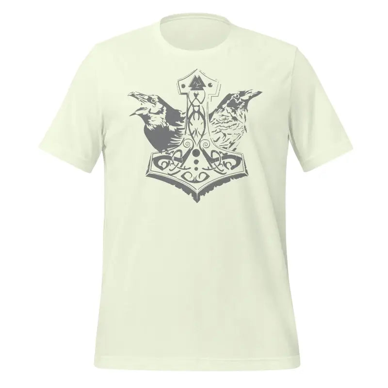 Light-colored t-shirt showcasing a Norse-style Thor’s hammer and ravens, embrace Viking legacy