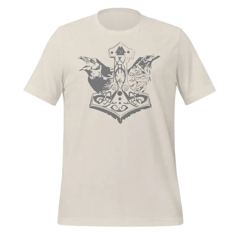 Light-colored t-shirt showcasing Thor Hammer design and ravens, embodying Viking legacy