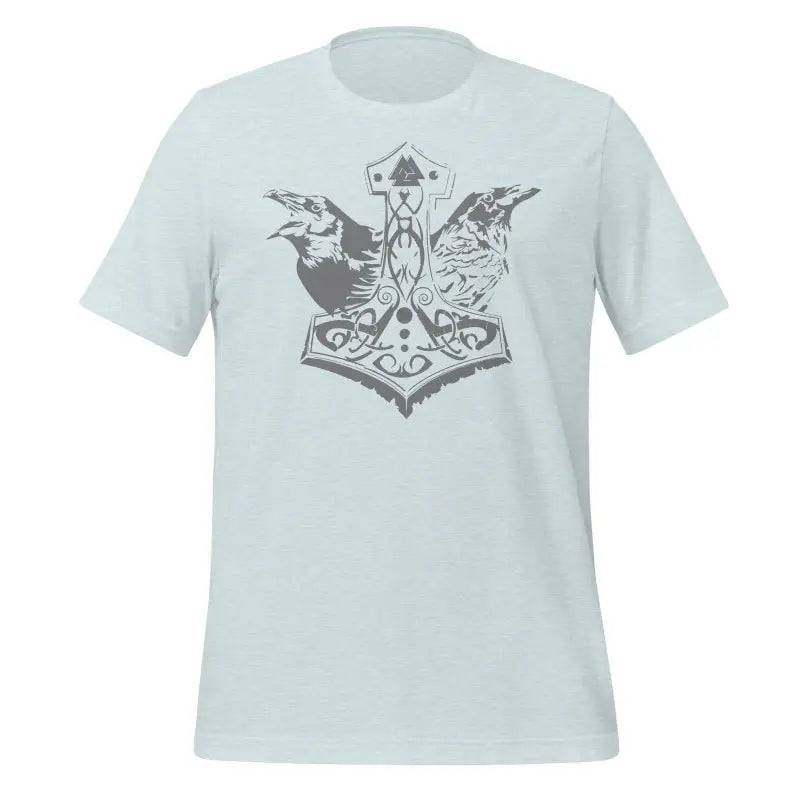 Light blue t-shirt featuring Thor’s hammer and ravens to embrace Viking legacy