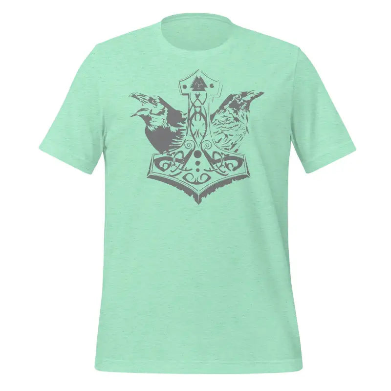 Mint green t-shirt with Norse Thor’s hammer and ravens to embrace Viking legacy