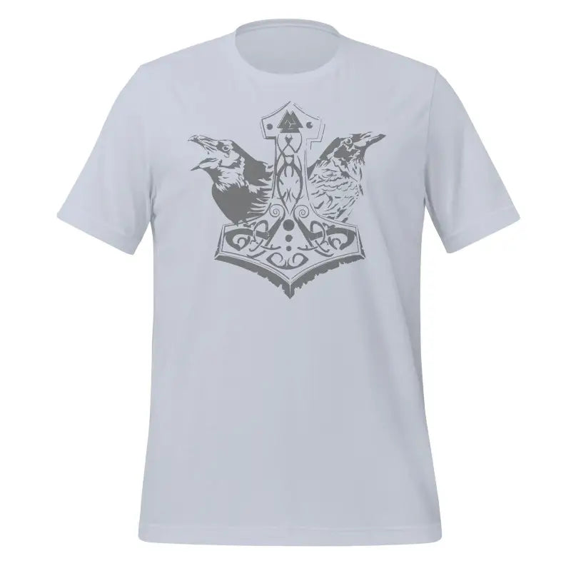 Light gray t-shirt with Norse Thor’s hammer and ravens, embodying Viking legacy