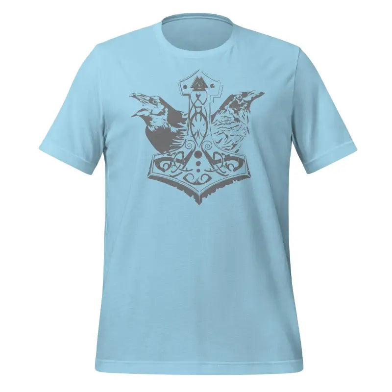 Light blue Thor’s Wrath T-shirt featuring a Thor hammer and ravens, celebrating Viking legacy