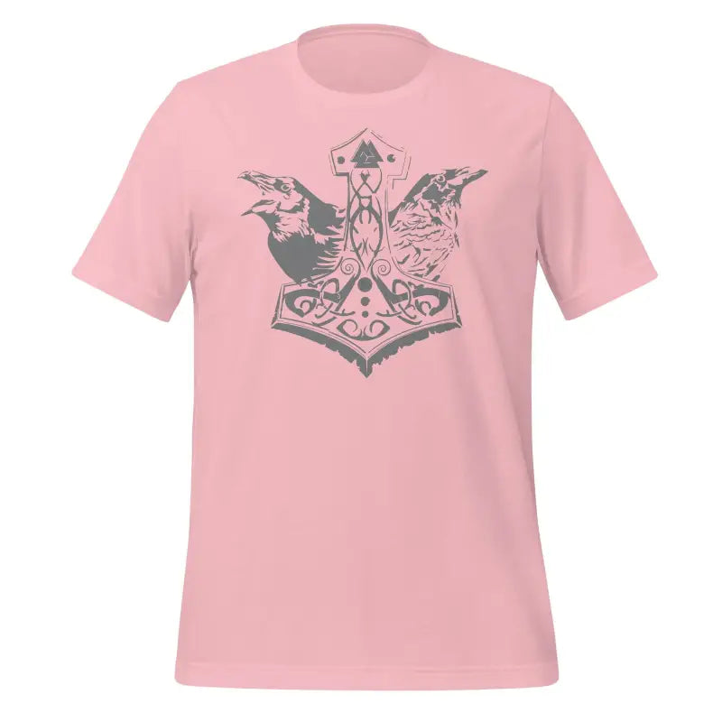 Pink T-shirt showcasing a grey Thor hammer design with ravens, celebrating Viking legacy