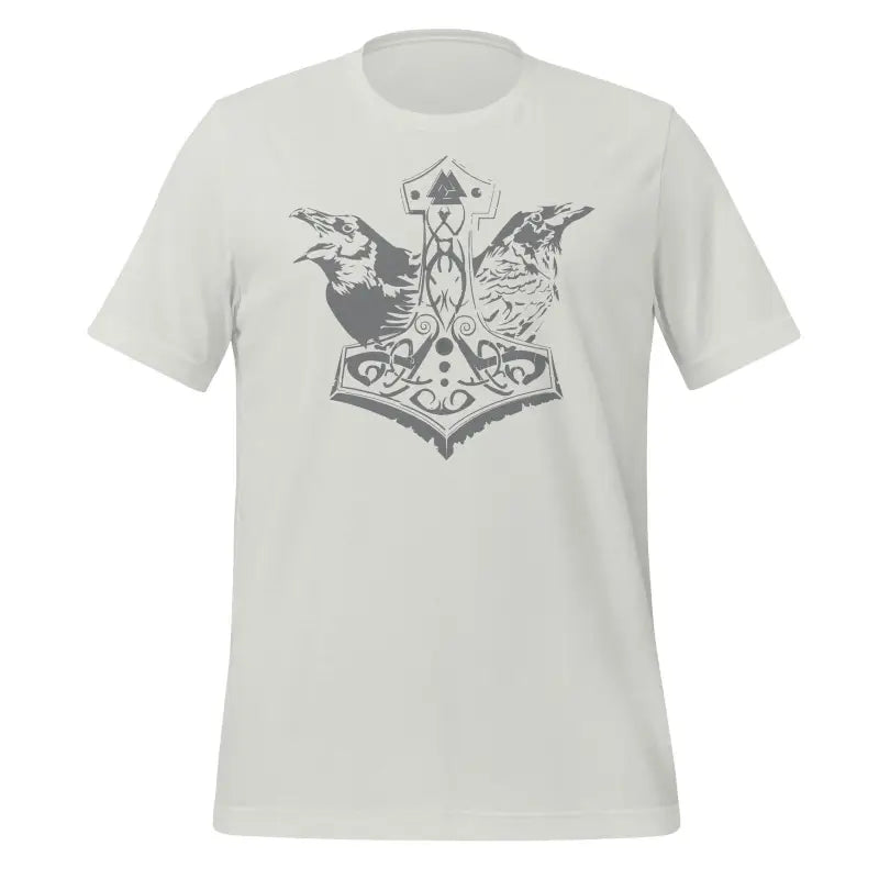 Light gray t-shirt with Norse-style Thor’s hammer and ravens to embrace Viking legacy