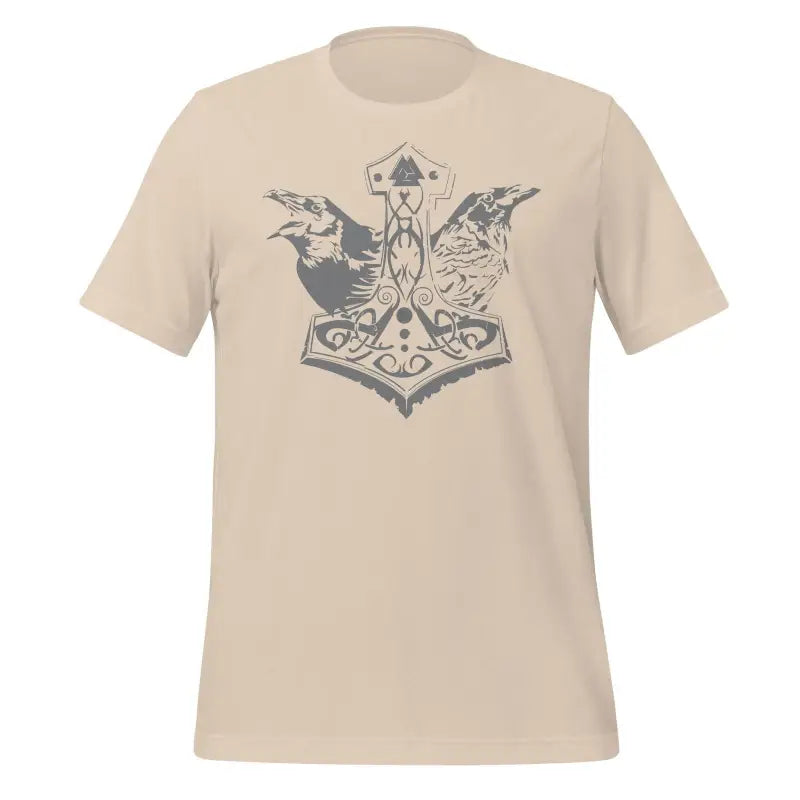 Beige Thor’s Wrath T-shirt featuring Viking legacy design with Mjölnir and ravens