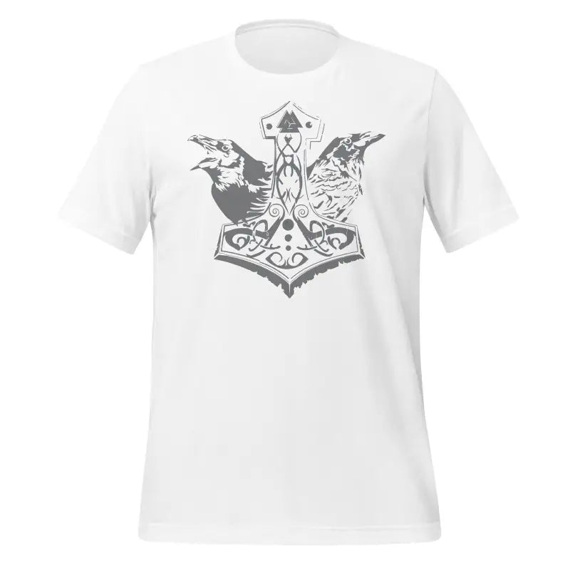 White t-shirt with Thor’s Hammer and ravens, embodying Viking legacy and warrior spirit