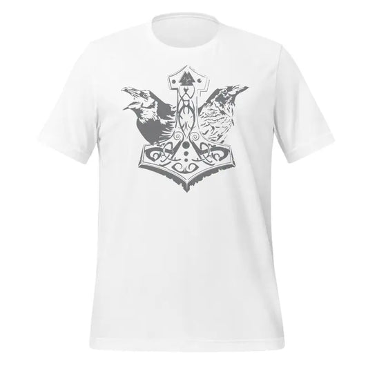 White t-shirt with Norse-style Thor’s hammer and ravens, embracing Viking legacy