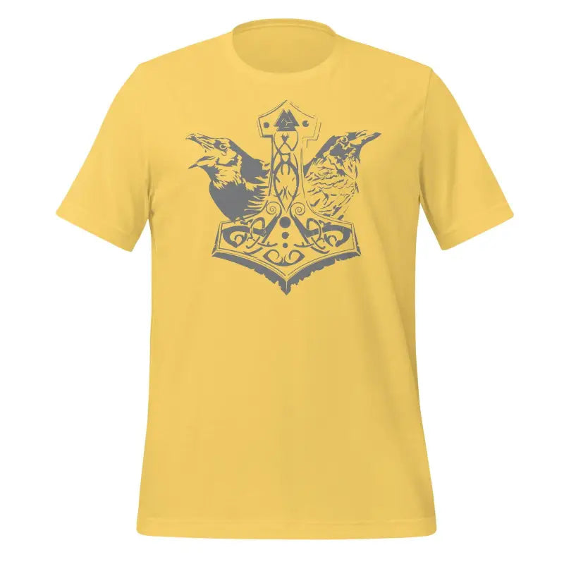 Yellow Thor’s Wrath t-shirt with Norse Thor Hammer and ravens, embodying Viking legacy