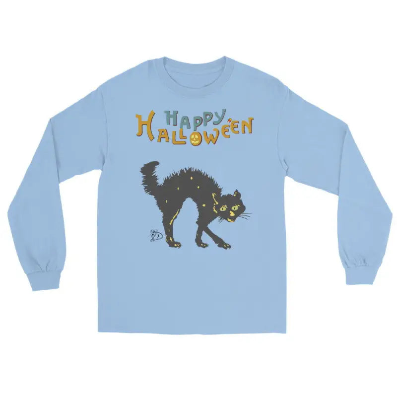 Light blue long-sleeve shirt featuring a scary cat and Happy Halloween design