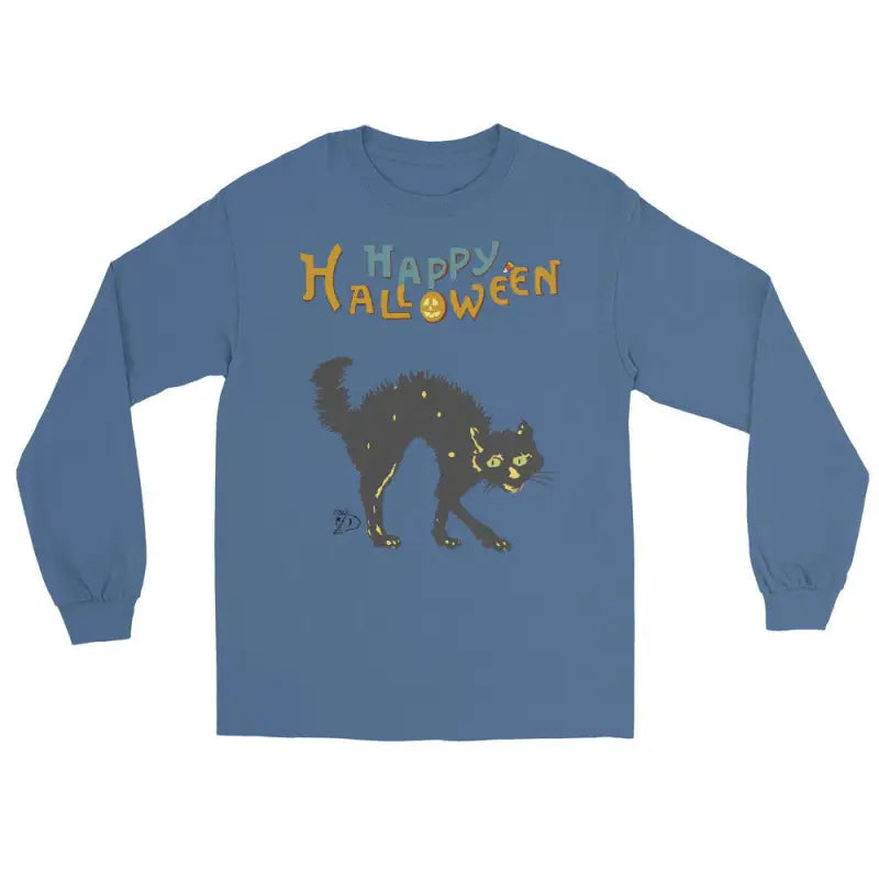 Blue long-sleeve t-shirt with a scary cat design ideal for Cat Halloween unisex style