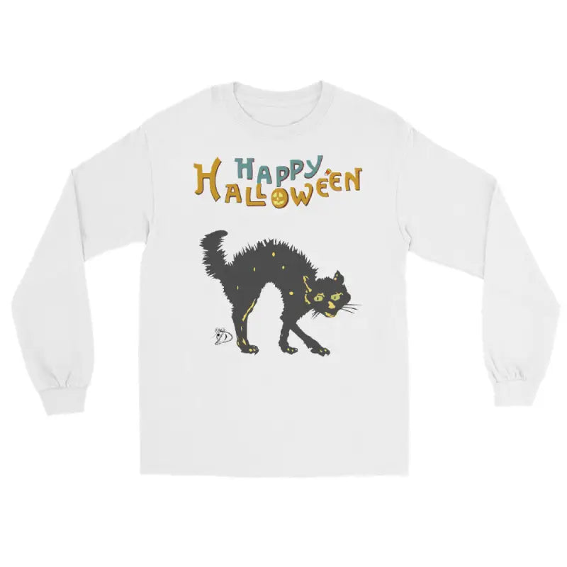 White long-sleeve t-shirt with scary cat design and Happy Halloween text for cat Halloween unisex